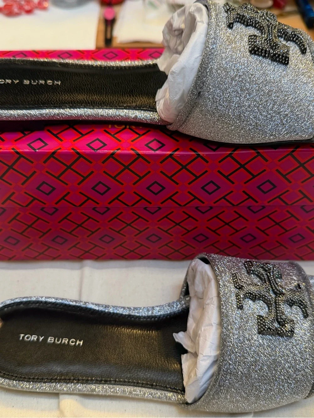 Tory Burch Silver Glitter Double-T Crystal Eleanor Slide Sandals - Picture 10 of 12